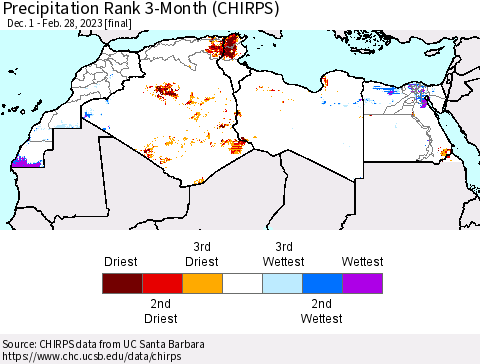 North Africa Precipitation Rank since 1981, 3-Month (CHIRPS) Thematic Map For 12/1/2022 - 2/28/2023