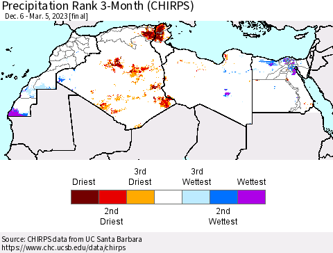 North Africa Precipitation Rank since 1981, 3-Month (CHIRPS) Thematic Map For 12/6/2022 - 3/5/2023
