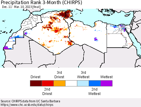 North Africa Precipitation Rank since 1981, 3-Month (CHIRPS) Thematic Map For 12/11/2022 - 3/10/2023