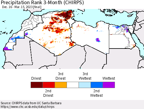 North Africa Precipitation Rank since 1981, 3-Month (CHIRPS) Thematic Map For 12/16/2022 - 3/15/2023