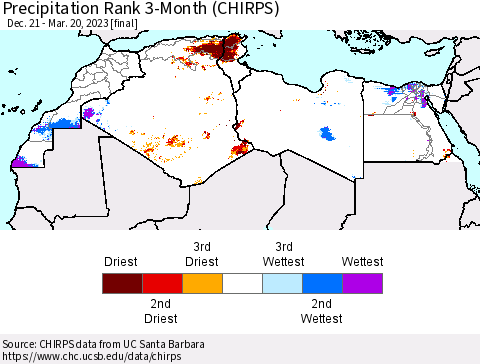 North Africa Precipitation Rank since 1981, 3-Month (CHIRPS) Thematic Map For 12/21/2022 - 3/20/2023
