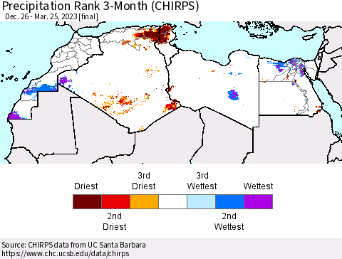 North Africa Precipitation Rank since 1981, 3-Month (CHIRPS) Thematic Map For 12/26/2022 - 3/25/2023