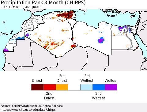 North Africa Precipitation Rank since 1981, 3-Month (CHIRPS) Thematic Map For 1/1/2023 - 3/31/2023