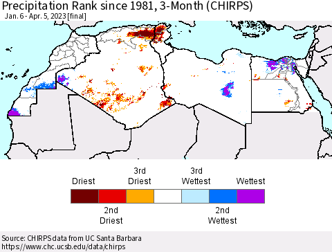 North Africa Precipitation Rank since 1981, 3-Month (CHIRPS) Thematic Map For 1/6/2023 - 4/5/2023