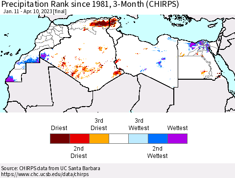 North Africa Precipitation Rank since 1981, 3-Month (CHIRPS) Thematic Map For 1/11/2023 - 4/10/2023