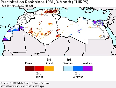 North Africa Precipitation Rank since 1981, 3-Month (CHIRPS) Thematic Map For 1/16/2023 - 4/15/2023
