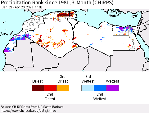 North Africa Precipitation Rank since 1981, 3-Month (CHIRPS) Thematic Map For 1/21/2023 - 4/20/2023