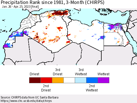North Africa Precipitation Rank since 1981, 3-Month (CHIRPS) Thematic Map For 1/26/2023 - 4/25/2023