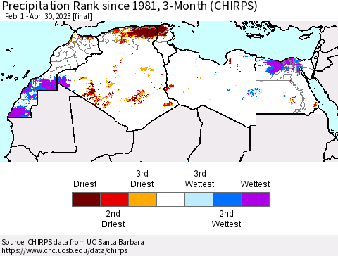 North Africa Precipitation Rank since 1981, 3-Month (CHIRPS) Thematic Map For 2/1/2023 - 4/30/2023