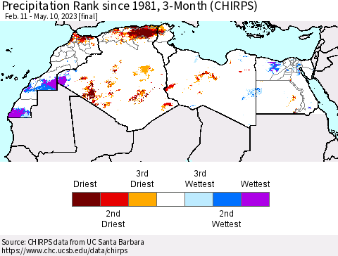 North Africa Precipitation Rank since 1981, 3-Month (CHIRPS) Thematic Map For 2/11/2023 - 5/10/2023