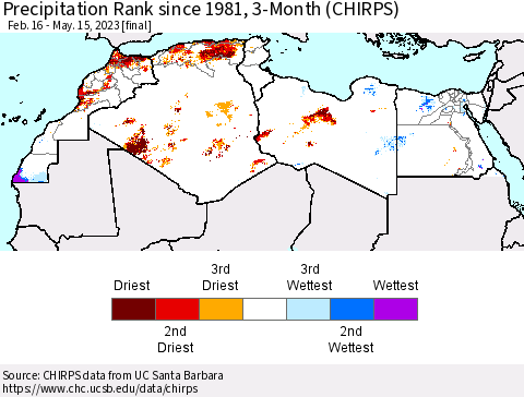 North Africa Precipitation Rank since 1981, 3-Month (CHIRPS) Thematic Map For 2/16/2023 - 5/15/2023