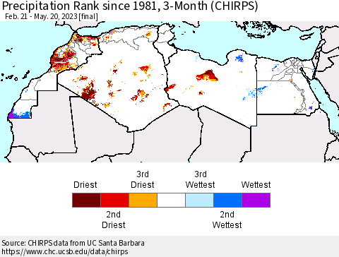 North Africa Precipitation Rank since 1981, 3-Month (CHIRPS) Thematic Map For 2/21/2023 - 5/20/2023