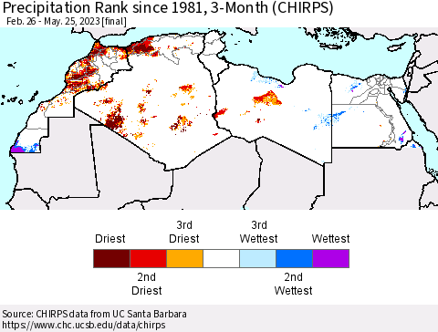North Africa Precipitation Rank since 1981, 3-Month (CHIRPS) Thematic Map For 2/26/2023 - 5/25/2023