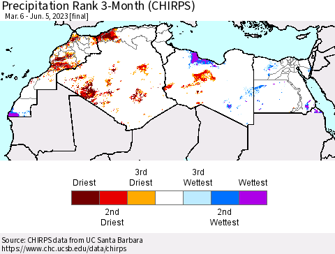 North Africa Precipitation Rank since 1981, 3-Month (CHIRPS) Thematic Map For 3/6/2023 - 6/5/2023