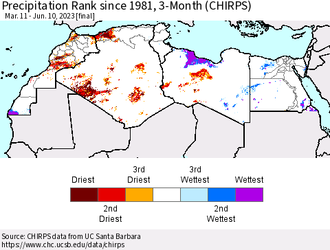 North Africa Precipitation Rank since 1981, 3-Month (CHIRPS) Thematic Map For 3/11/2023 - 6/10/2023