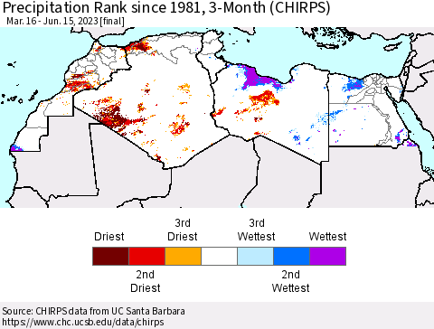 North Africa Precipitation Rank since 1981, 3-Month (CHIRPS) Thematic Map For 3/16/2023 - 6/15/2023
