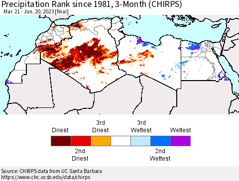 North Africa Precipitation Rank since 1981, 3-Month (CHIRPS) Thematic Map For 3/21/2023 - 6/20/2023