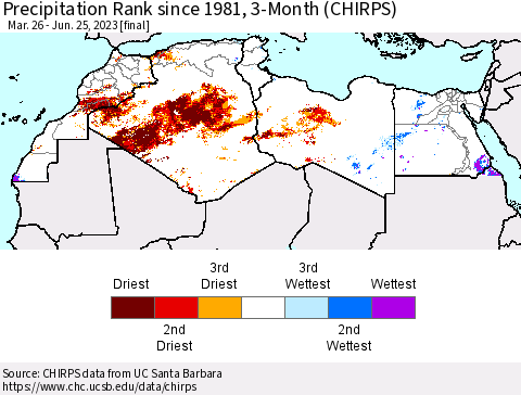 North Africa Precipitation Rank since 1981, 3-Month (CHIRPS) Thematic Map For 3/26/2023 - 6/25/2023