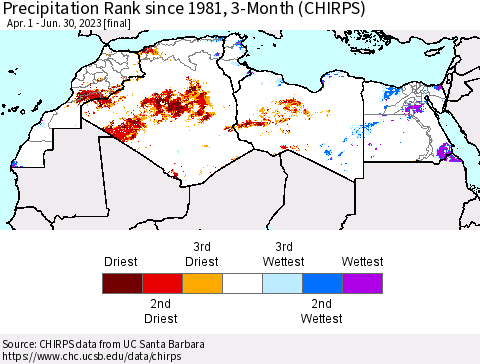 North Africa Precipitation Rank since 1981, 3-Month (CHIRPS) Thematic Map For 4/1/2023 - 6/30/2023