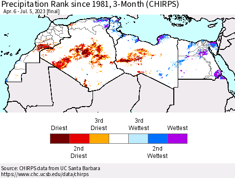 North Africa Precipitation Rank since 1981, 3-Month (CHIRPS) Thematic Map For 4/6/2023 - 7/5/2023