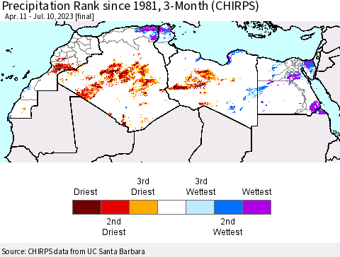 North Africa Precipitation Rank since 1981, 3-Month (CHIRPS) Thematic Map For 4/11/2023 - 7/10/2023