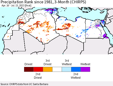 North Africa Precipitation Rank since 1981, 3-Month (CHIRPS) Thematic Map For 4/16/2023 - 7/15/2023