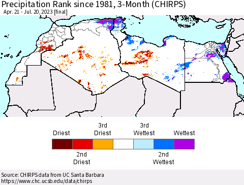 North Africa Precipitation Rank since 1981, 3-Month (CHIRPS) Thematic Map For 4/21/2023 - 7/20/2023