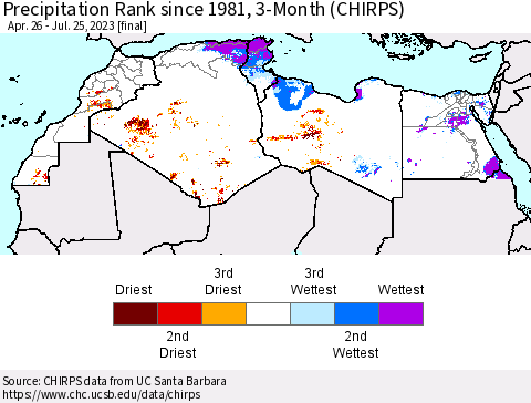 North Africa Precipitation Rank since 1981, 3-Month (CHIRPS) Thematic Map For 4/26/2023 - 7/25/2023