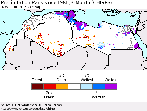 North Africa Precipitation Rank since 1981, 3-Month (CHIRPS) Thematic Map For 5/1/2023 - 7/31/2023