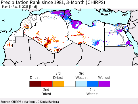 North Africa Precipitation Rank since 1981, 3-Month (CHIRPS) Thematic Map For 5/6/2023 - 8/5/2023
