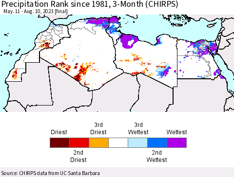 North Africa Precipitation Rank since 1981, 3-Month (CHIRPS) Thematic Map For 5/11/2023 - 8/10/2023