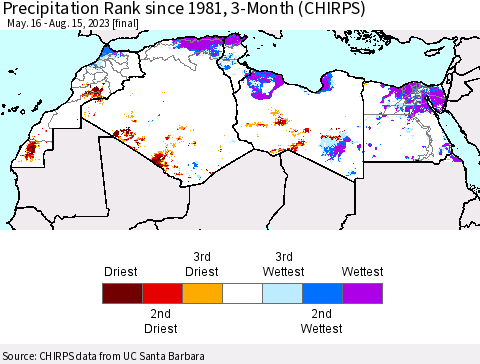 North Africa Precipitation Rank since 1981, 3-Month (CHIRPS) Thematic Map For 5/16/2023 - 8/15/2023