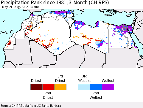 North Africa Precipitation Rank since 1981, 3-Month (CHIRPS) Thematic Map For 5/21/2023 - 8/20/2023