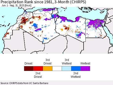 North Africa Precipitation Rank since 1981, 3-Month (CHIRPS) Thematic Map For 6/1/2023 - 8/31/2023