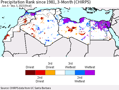 North Africa Precipitation Rank since 1981, 3-Month (CHIRPS) Thematic Map For 6/6/2023 - 9/5/2023