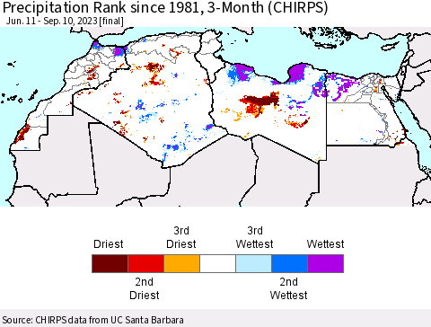 North Africa Precipitation Rank since 1981, 3-Month (CHIRPS) Thematic Map For 6/11/2023 - 9/10/2023