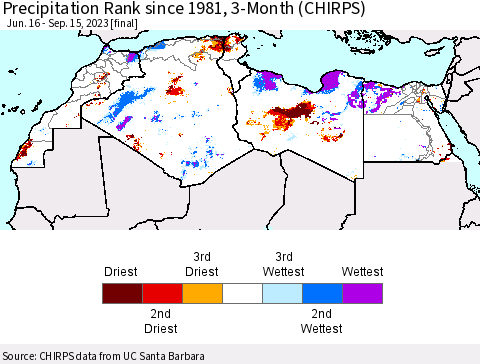 North Africa Precipitation Rank since 1981, 3-Month (CHIRPS) Thematic Map For 6/16/2023 - 9/15/2023