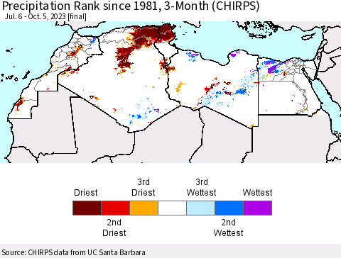 North Africa Precipitation Rank since 1981, 3-Month (CHIRPS) Thematic Map For 7/6/2023 - 10/5/2023