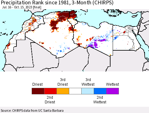 North Africa Precipitation Rank since 1981, 3-Month (CHIRPS) Thematic Map For 7/16/2023 - 10/15/2023