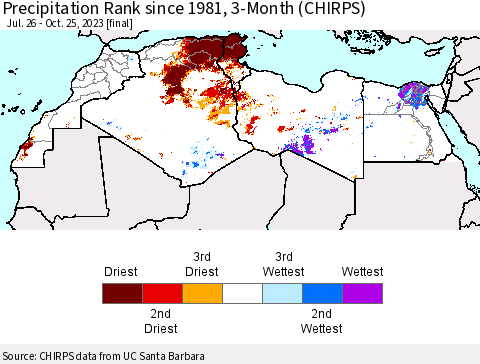 North Africa Precipitation Rank since 1981, 3-Month (CHIRPS) Thematic Map For 7/26/2023 - 10/25/2023