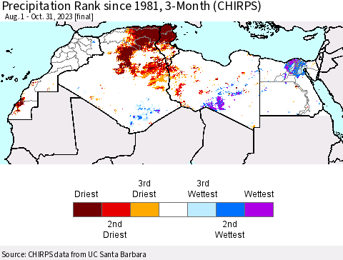 North Africa Precipitation Rank since 1981, 3-Month (CHIRPS) Thematic Map For 8/1/2023 - 10/31/2023
