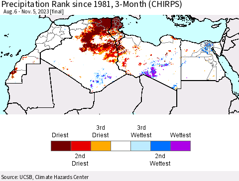 North Africa Precipitation Rank since 1981, 3-Month (CHIRPS) Thematic Map For 8/6/2023 - 11/5/2023
