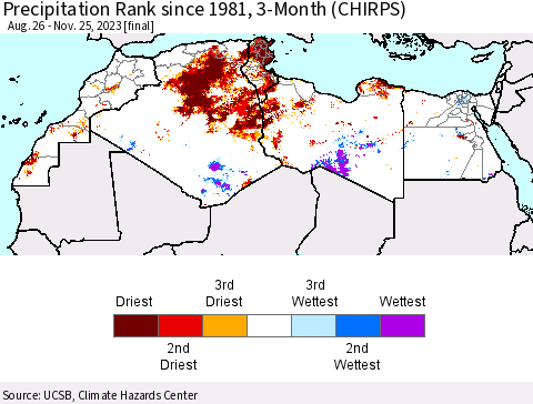 North Africa Precipitation Rank since 1981, 3-Month (CHIRPS) Thematic Map For 8/26/2023 - 11/25/2023