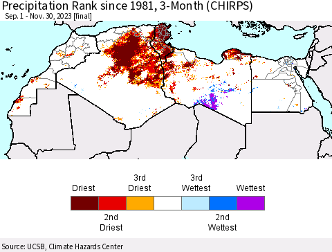 North Africa Precipitation Rank since 1981, 3-Month (CHIRPS) Thematic Map For 9/1/2023 - 11/30/2023