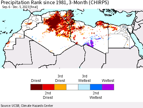 North Africa Precipitation Rank since 1981, 3-Month (CHIRPS) Thematic Map For 9/6/2023 - 12/5/2023