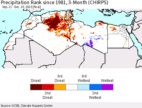 North Africa Precipitation Rank since 1981, 3-Month (CHIRPS) Thematic Map For 9/11/2023 - 12/10/2023