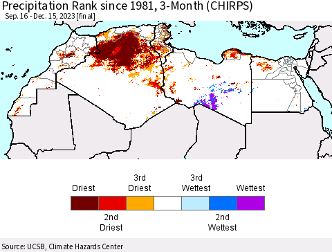 North Africa Precipitation Rank since 1981, 3-Month (CHIRPS) Thematic Map For 9/16/2023 - 12/15/2023