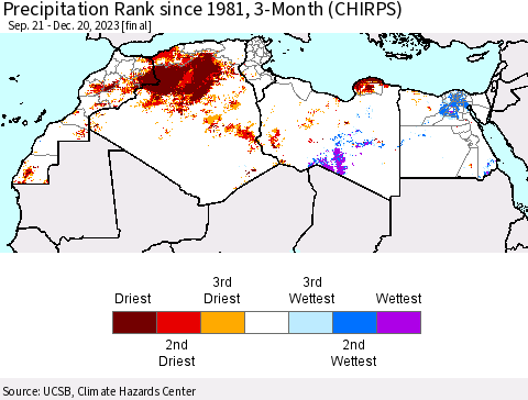 North Africa Precipitation Rank since 1981, 3-Month (CHIRPS) Thematic Map For 9/21/2023 - 12/20/2023
