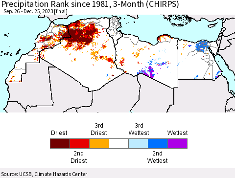 North Africa Precipitation Rank since 1981, 3-Month (CHIRPS) Thematic Map For 9/26/2023 - 12/25/2023
