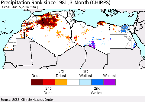 North Africa Precipitation Rank since 1981, 3-Month (CHIRPS) Thematic Map For 10/6/2023 - 1/5/2024